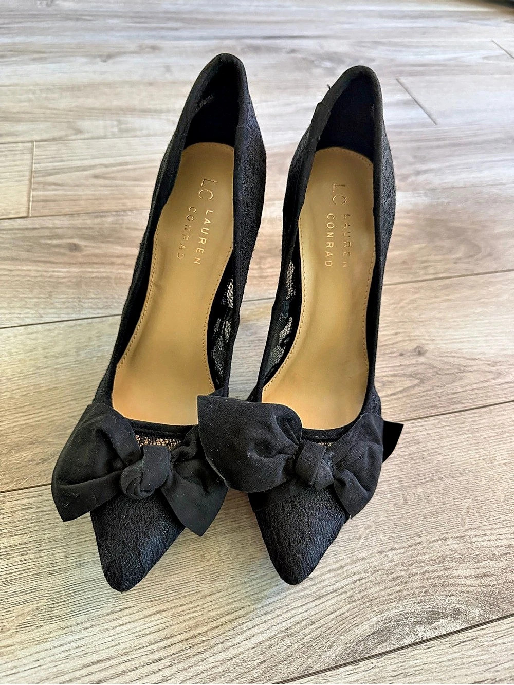 Black Lace with Bow Pointed-Toe Heels